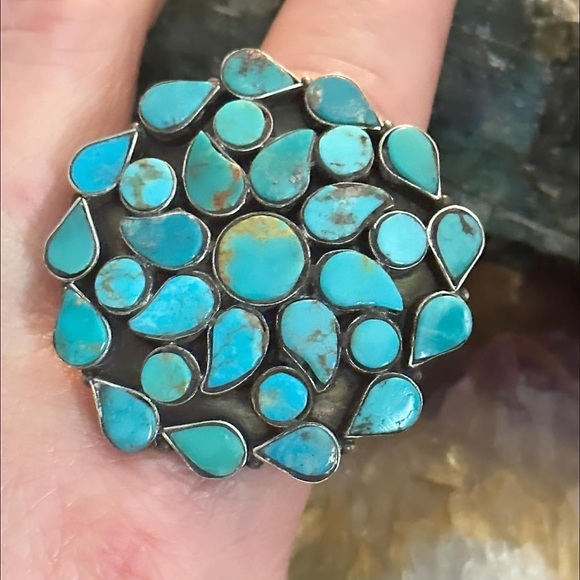 Blue turquoise inlay tile sterling silver statement ring - Picture 5 of 6